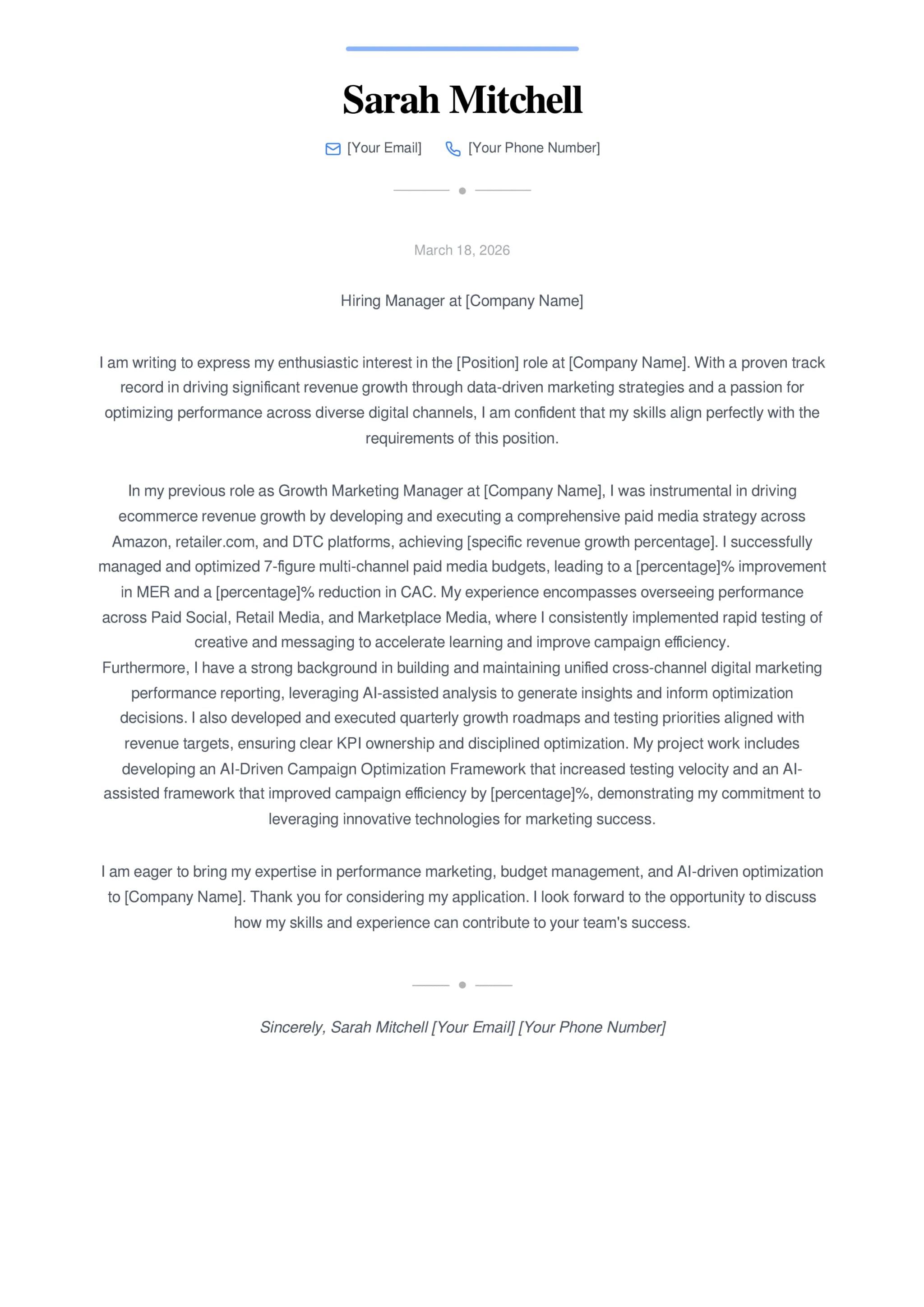 Marketing Manager Cover Letter