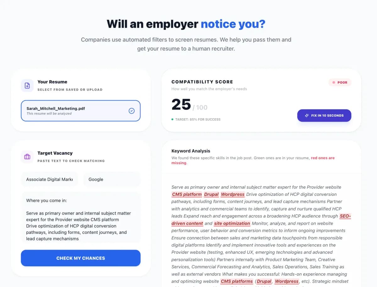 ATS-friendly CV checker showing compatibility score for UK job application systems