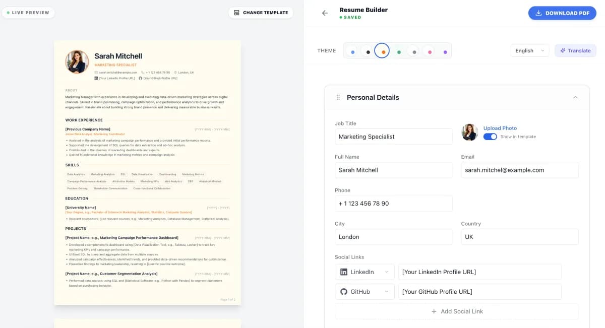 Free CV builder UK interface showing professional resume template with AI-powered suggestions