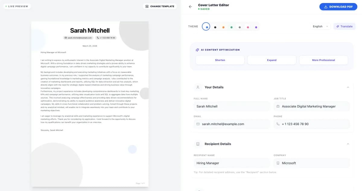Professional cover letter builder UK with customizable templates and AI writing assistance